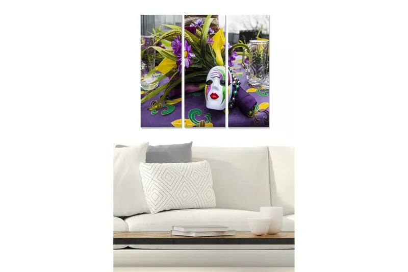 Canvastavla i trä 3-delar 50x70 cm - Färgglad festlig dukning med en mask och blommor, Lila / Gul / Grön