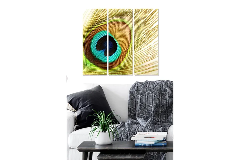 Canvastavla i trä 3-delar 50x70 cm - Färgglad fjäder med öga-liknande mönster, Turkos / Guld / Svart