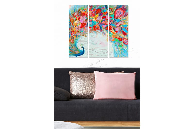Canvastavla i trä 3-delar 50x70 cm - Färgglad fjäderdräkt av en påfågel som sprider sig i en dynamisk komposition, Blå / Röd / Rosa