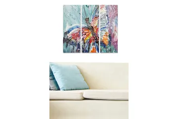 Canvastavla i trä 3-delar 50x70 cm - Färgglad fjäril i abstrakt stil - Turkos / Orange / Lila - Inredning - Tavlor & posters - Canvastavla