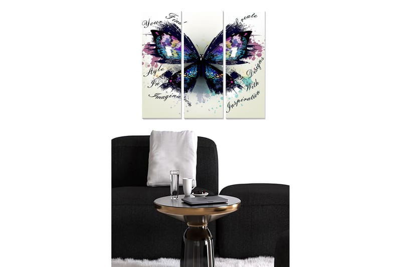 Canvastavla i trä 3-delar 50x70 cm - Färgglad fjäril med abstrakta inslag, Lila / Blå / Svart