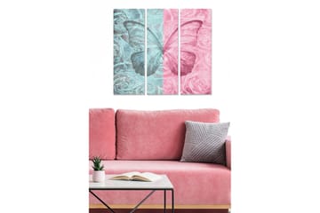 Canvastavla i trä 3-delar 50x70 cm - Färgglad fjäril omgiven av blommor - Turkos / Rosa - Inredning - Tavlor & posters - Canvastavla