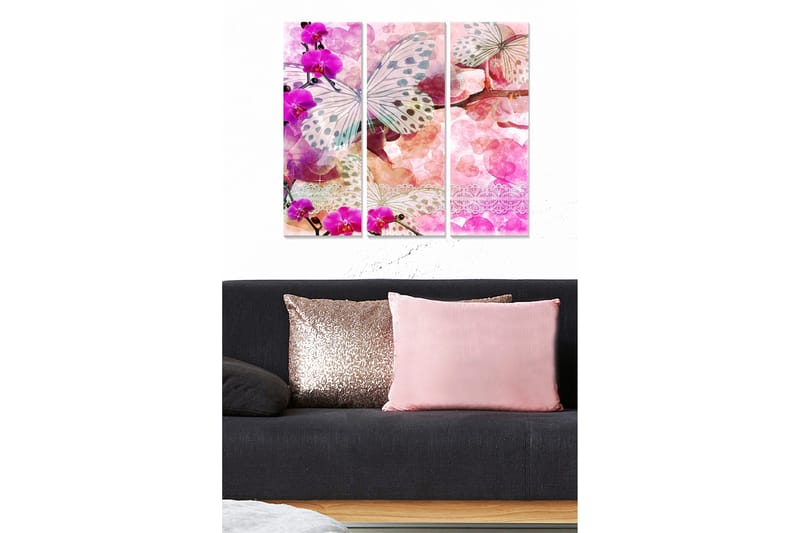 Canvastavla i trä 3-delar 50x70 cm - Färgglad fjäril omgiven av orkidéer och abstrakta former, Lila / Rosa / Vit
