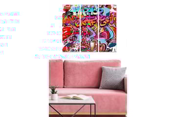 Canvastavla i trä 3-delar 50x70 cm - Färgglad graffiti med urbana inslag och hjärtmotiv - Röd / Blå / Rosa - Inredning - Tavlor & posters - Canvastavla