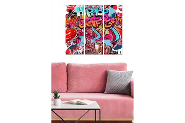 Canvastavla i trä 3-delar 50x70 cm - Färgglad graffiti med urbana inslag och hjärtmotiv - Röd / Blå / Rosa - Inredning - Tavlor & posters - Canvastavla