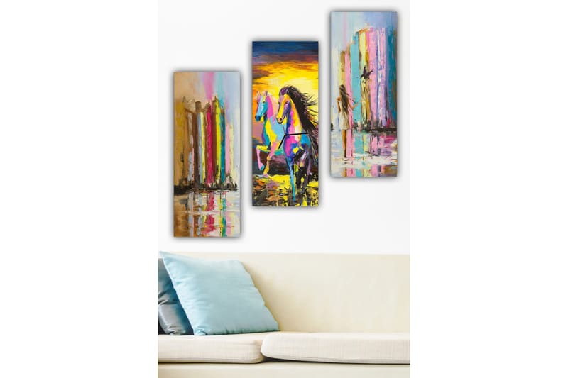 Canvastavla i trä 3-delar 50x70 cm - Färgglad häst i rörelse framför abstrakta pelare, Rosa / Gult / Blått