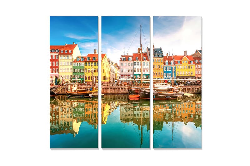 Canvastavla i trä 3-delar 50x70 cm - Färgglad hamn med traditionella hus och båtar - Blå / Gul / Röd - Inredning - Tavlor & posters - Canvastavla