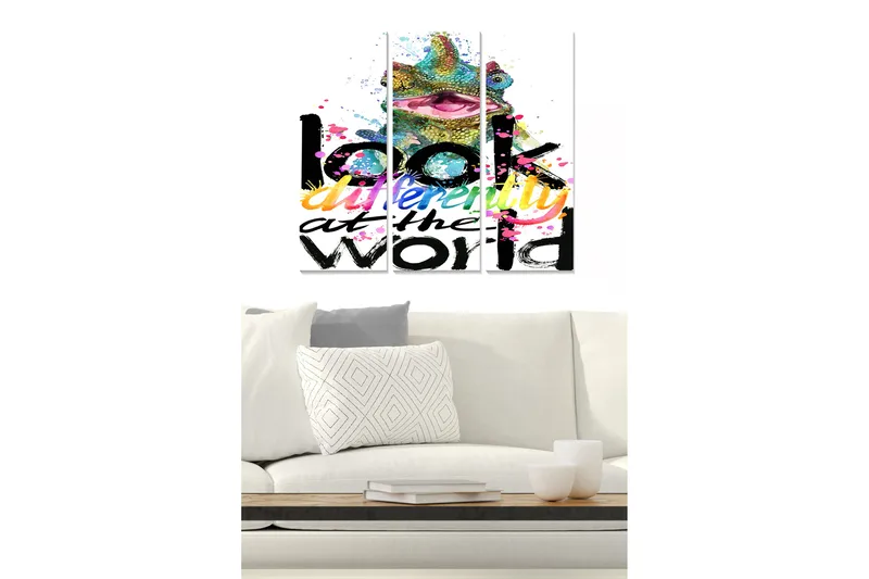 Canvastavla i trä 3-delar 50x70 cm - Färgglad kameleont med inspirerande text - Grön / Rosa / Svart - Inredning - Tavlor & posters - Canvastavla