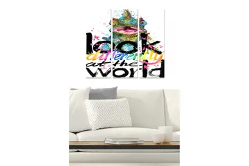 Canvastavla i trä 3-delar 50x70 cm - Färgglad kameleont med inspirerande text - Grön / Rosa / Svart - Inredning - Tavlor & posters - Canvastavla