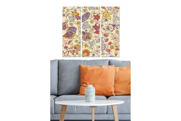 Canvastavla i trä 3-delar 50x70 cm - Färgglad komposition av blommor och fåglar - Ljusgul / Röd / Blå - Inredning - Tavlor & posters - Canvastavla