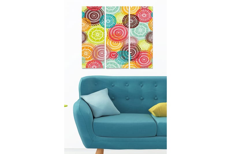 Canvastavla i trä 3-delar 50x70 cm - Färgglad komposition av cirklar och mönster - Röd / Grön / Turkos - Inredning - Tavlor & posters - Canvastavla