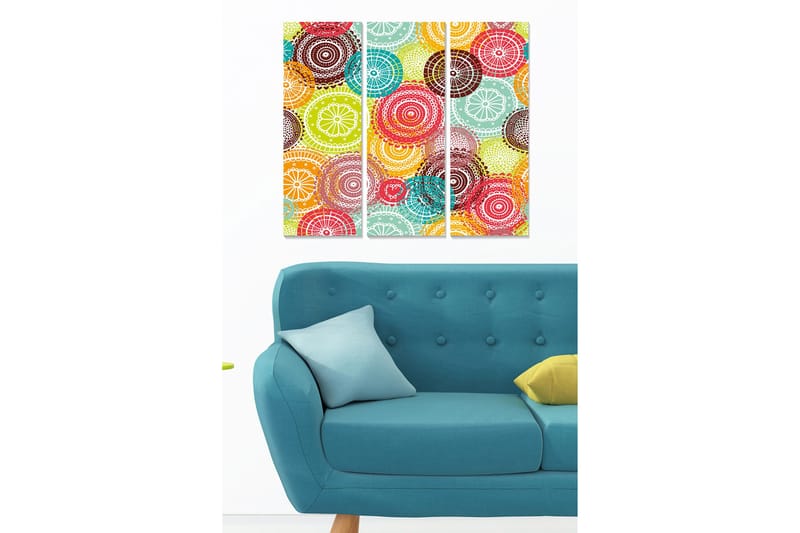 Canvastavla i trä 3-delar 50x70 cm - Färgglad komposition av cirklar och mönster - Röd / Grön / Turkos - Inredning - Tavlor & posters - Canvastavla