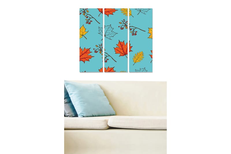 Canvastavla i trä 3-delar 50x70 cm - Färgglad komposition av höstlöv på blå bakgrund, Blå / Röd / Gul