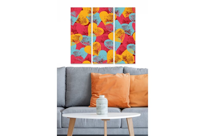 Canvastavla i trä 3-delar 50x70 cm - Färgglad komposition av hjärtformade mönster, Röd / Gul / Turkos