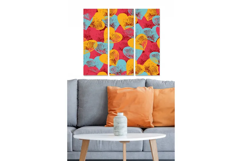 Canvastavla i trä 3-delar 50x70 cm - Färgglad komposition av hjärtformade mönster - Röd / Gul / Turkos - Inredning - Tavlor & posters - Canvastavla