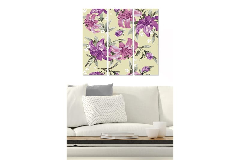 Canvastavla i trä 3-delar 50x70 cm - Färgglad komposition av liljor i olika nyanser, Lila / Grön / Beige