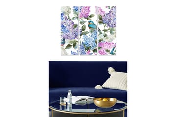 Canvastavla i trä 3-delar 50x70 cm - Färgglad komposition av syrener och fåglar - Lila / Blå / Grön - Inredning - Tavlor & posters - Canvastavla
