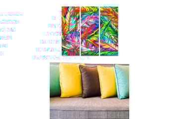 Canvastavla i trä 3-delar 50x70 cm - Färgglad komposition av tropiska blad och fjädrar - Grön / Röd / Blå - Inredning - Tavlor & posters - Canvastavla