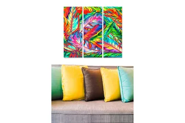 Canvastavla i trä 3-delar 50x70 cm - Färgglad komposition av tropiska blad och fjädrar - Grön / Röd / Blå - Inredning - Tavlor & posters - Canvastavla