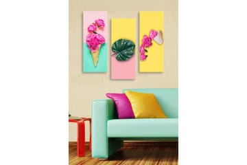 Canvastavla i trä 3-delar 50x70 cm - Färgglad komposition med blommor och blad i en glasskon som sträcker sig över tre paneler - Rosa / Grön / Gul - Inredning - Tavlor & posters - Canvastavla