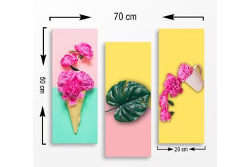 Canvastavla i trä 3-delar 50x70 cm - Färgglad komposition med blommor och blad i en glasskon som sträcker sig över tre paneler - Rosa / Grön / Gul - Inredning - Tavlor & posters - Canvastavla