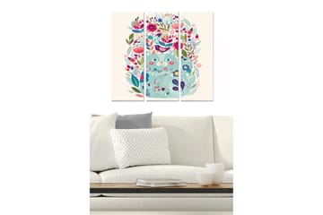 Canvastavla i trä 3-delar 50x70 cm - Färgglad komposition med blommor och fåglar - Grön / Rosa / Blå - Inredning - Tavlor & posters - Canvastavla