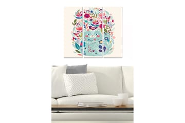 Canvastavla i trä 3-delar 50x70 cm - Färgglad komposition med blommor och fåglar - Grön / Rosa / Blå - Inredning - Tavlor & posters - Canvastavla