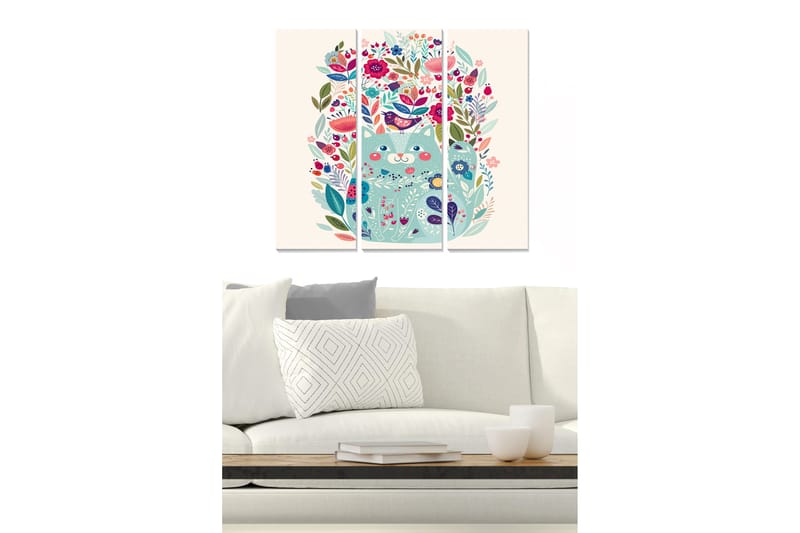 Canvastavla i trä 3-delar 50x70 cm - Färgglad komposition med blommor och fåglar, Grön / Rosa / Blå