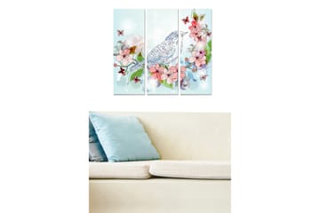 Canvastavla i trä 3-delar 50x70 cm - Färgglad komposition med fågel och blommor - Ljusblå / Rosa / Grön - Inredning - Tavlor & posters - Canvastavla