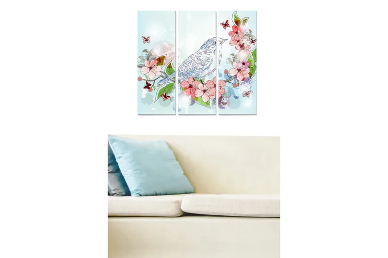 Canvastavla i trä 3-delar 50x70 cm - Färgglad komposition med fågel och blommor, Ljusblå / Rosa / Grön