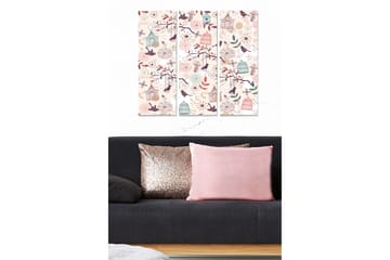 Canvastavla i trä 3-delar 50x70 cm - Färgglad komposition med fågelburar och blommor - Rosa / Grön / Lila - Inredning - Tavlor & posters - Canvastavla