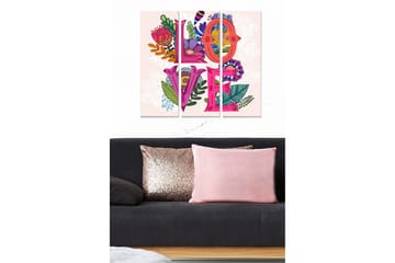 Canvastavla i trä 3-delar 50x70 cm - Färgglad komposition med ordet LOVE omgiven av blommor och blad - Rosa / Grön / Lila - Inredning - Tavlor & posters - Canvastavla