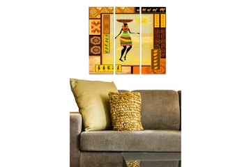 Canvastavla i trä 3-delar 50x70 cm - Färgglad kvinna med traditionell klädsel och en korg på huvudet - Orange / Brun / Gul - Inredning - Tavlor & posters - Canvastavla