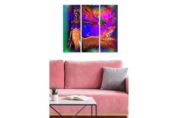 Canvastavla i trä 3-delar 50x70 cm - Färgglad kvinna med papegoja i en livfull tropisk miljö - Lila / Grön / Orange - Inredning - Tavlor & posters - Canvastavla