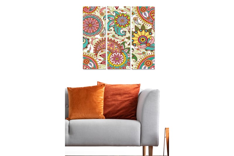 Canvastavla i trä 3-delar 50x70 cm - Färgglad mandala med blommor och spiraler - Röd / Grön / Gul - Inredning - Tavlor & posters - Canvastavla