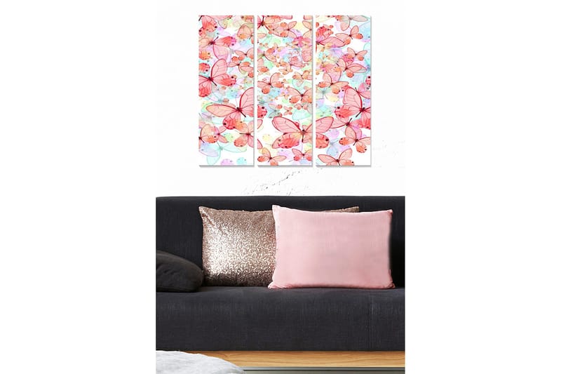 Canvastavla i trä 3-delar 50x70 cm - Färgglad samling av fjärilar i olika nyanser, Rosa / Ljusblå / Grön