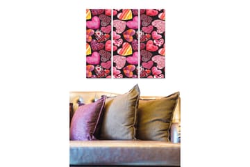 Canvastavla i trä 3-delar 50x70 cm - Färgglad samling av hjärtan och blommor - Rosa / Röd / Lila - Inredning - Tavlor & posters - Canvastavla