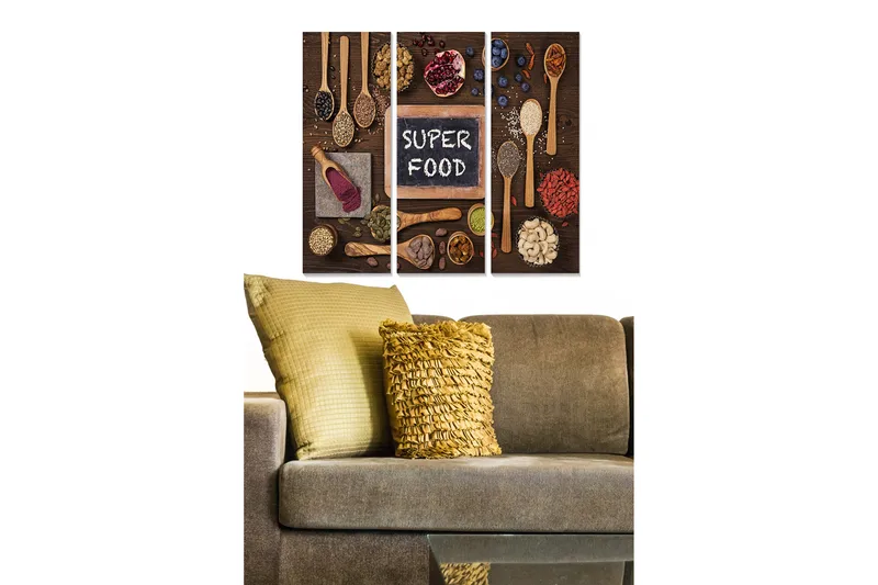 Canvastavla i trä 3-delar 50x70 cm - Färgglad samling av superfoods och kryddor på en träyta, Brun / Röd / Svart