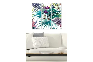 Canvastavla i trä 3-delar 50x70 cm - Färgglad samling av tropiska växter och blommor - Grön / Lila / Rosa - Inredning - Tavlor & posters - Canvastavla