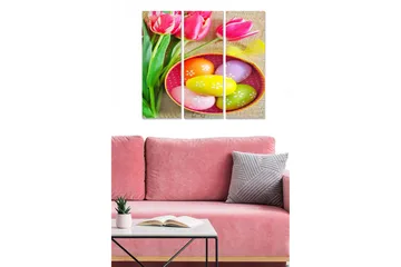 Canvastavla i trä 3-delar 50x70 cm - Färgglad samling av påskägg och tulpaner - Rosa / Gul / Grön - Inredning - Tavlor & posters - Canvastavla
