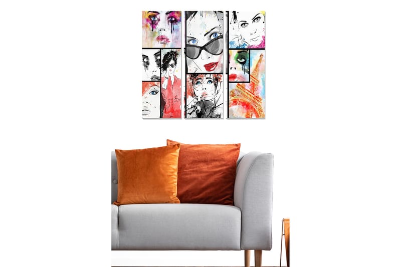 Canvastavla i trä 3-delar 50x70 cm - Färgglad sammansättning av ansikten med modeinspiration, Röd / Svart / Blå