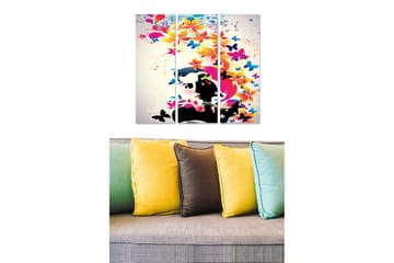 Canvastavla i trä 3-delar 50x70 cm - Färgglad sammansättning av fjärilar och blommor i en stiliserad porträttform - Rosa / Blå / Svart - Inredning - Tavlor & posters - Canvastavla