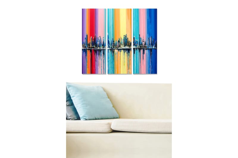 Canvastavla i trä 3-delar 50x70 cm - Färgglad stadsbild med horisontlinje och vertikala färgband, Blå / Rosa / Orange