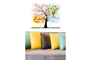 Canvastavla i trä 3-delar 50x70 cm - Färgglad trädkonst med blommor och löv i olika säsonger - Rosa / Gult / Blått - Inredning - Tavlor & posters - Canvastavla