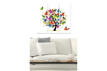 Canvastavla i trä 3-delar 50x70 cm - Färgglad trädkonstruktion med fjärilar som sväva runt - Grön / Röd / Blå - Inredning - Tavlor & posters - Canvastavla