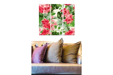 Canvastavla i trä 3-delar 50x70 cm - Färgglad tropisk blommor och bladkomposition - Rosa / Grön / Beige - Inredning - Tavlor & posters - Canvastavla