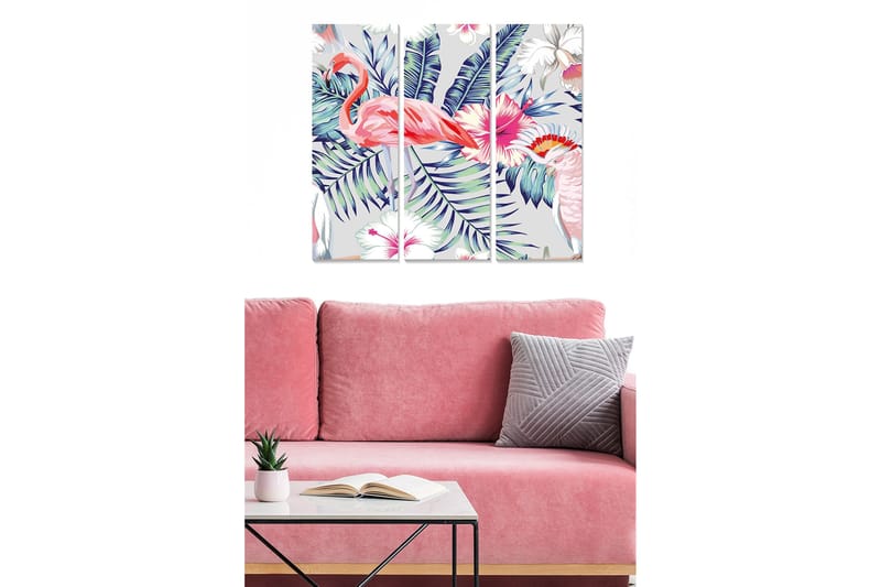 Canvastavla i trä 3-delar 50x70 cm - Färgglad tropisk komposition med flamingos och blommor, Rosa / Grön / Lila