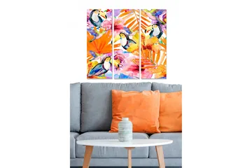 Canvastavla i trä 3-delar 50x70 cm - Färgglad tropisk komposition med tukaner och blommor - Orange / Grön / Rosa - Inredning - Tavlor & posters - Canvastavla