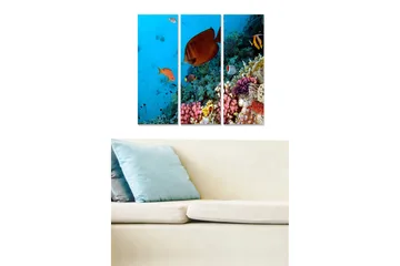 Canvastavla i trä 3-delar 50x70 cm - Färgglad undervattensscen med korallrev och simmande fiskar - Blå / Orange / Rosa - Inredning - Tavlor & posters - Canvastavla