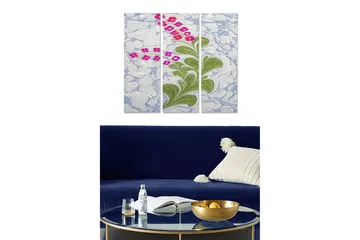 Canvastavla i trä 3-delar 50x70 cm - Färgglad växt med blommor mot en marmorliknande bakgrund - Grön / Rosa / Ljusblå - Inredning - Tavlor & posters - Canvastavla